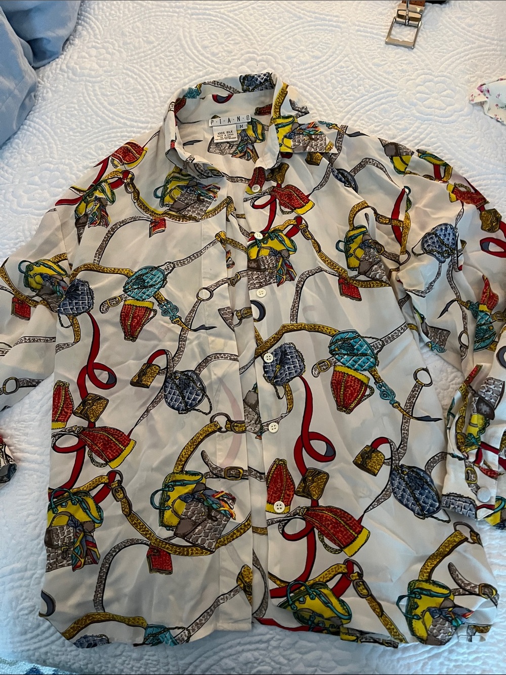 Unbranded Ivory Button-Up Blouse with Chain & Scarf Print